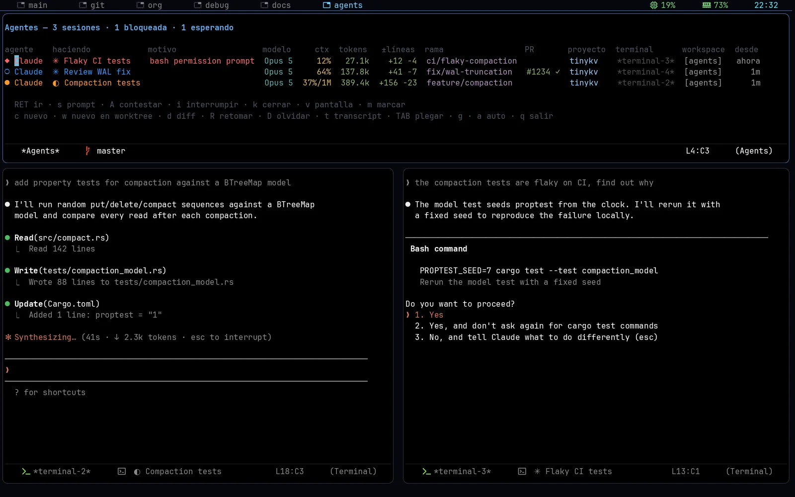 The Agents board listing coding agents running in terminals, one blocked on a permission dialog.