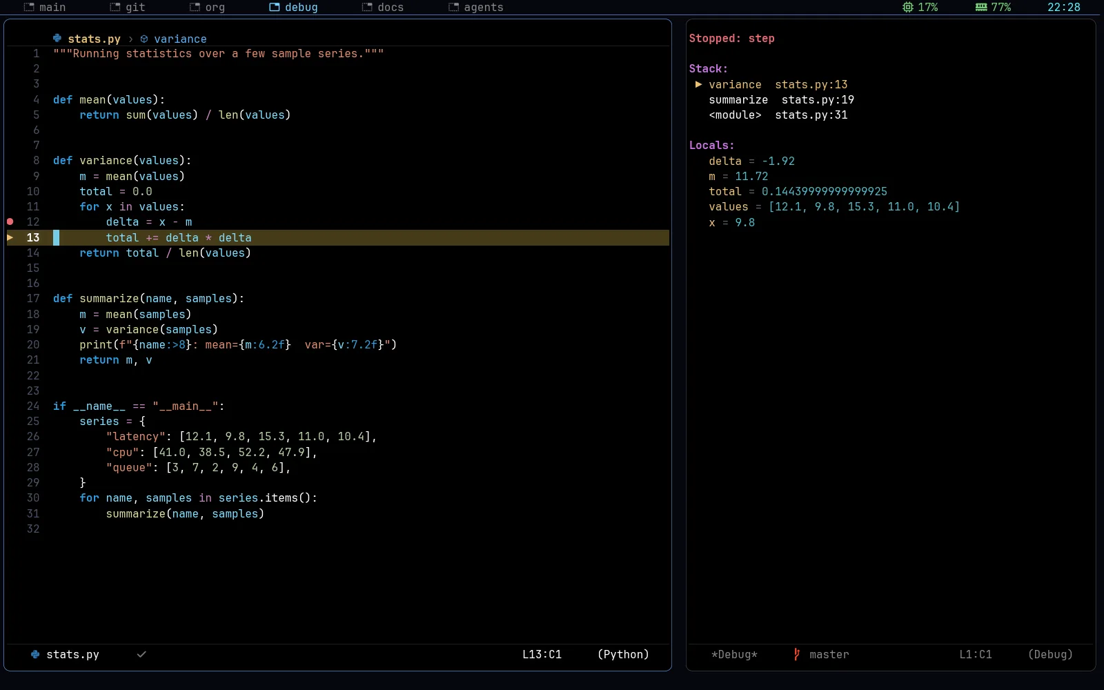 A Python program stopped at a breakpoint, with the stack and locals in the Debug panel.
