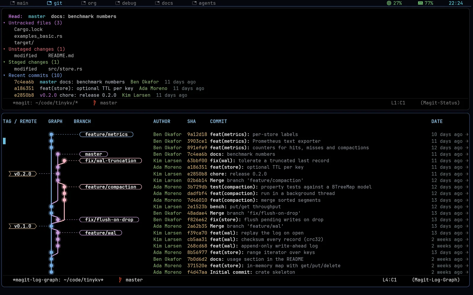 Magit status above the branch graph of a demo repository with merges and tags.