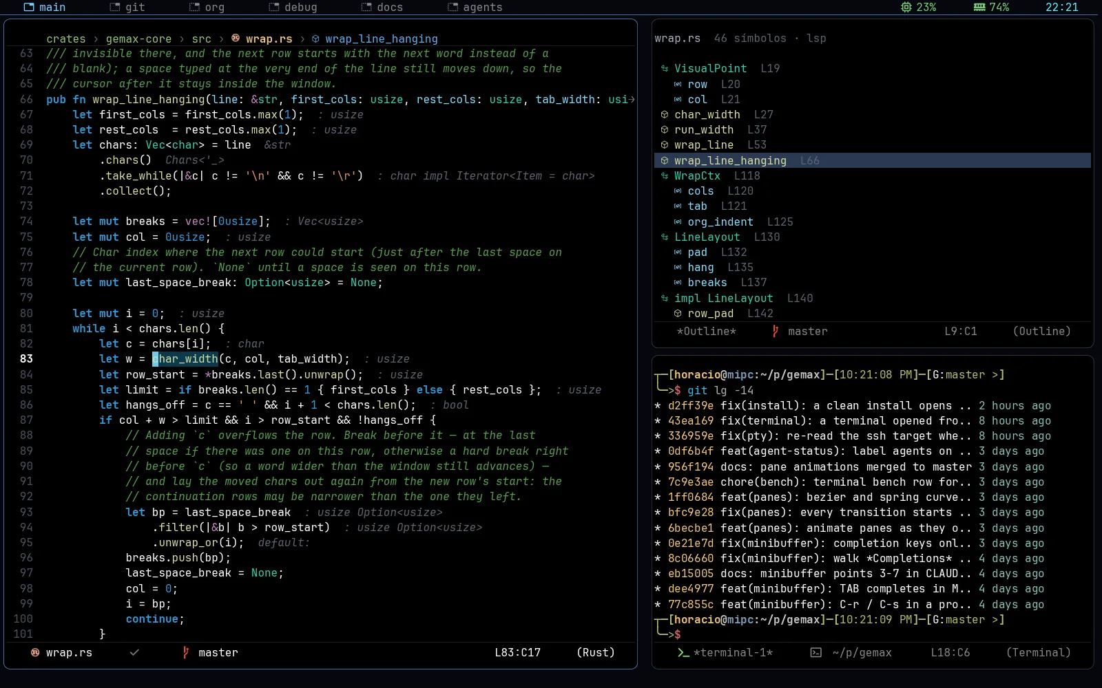 GEMAX with three floating panels: Rust source, an outline of its functions, and a terminal.